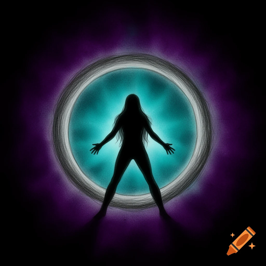 A black silhouette of a person with long hair stands in a glowing turquoise circle outlined by a gray pencil ring, against a dark purple background.