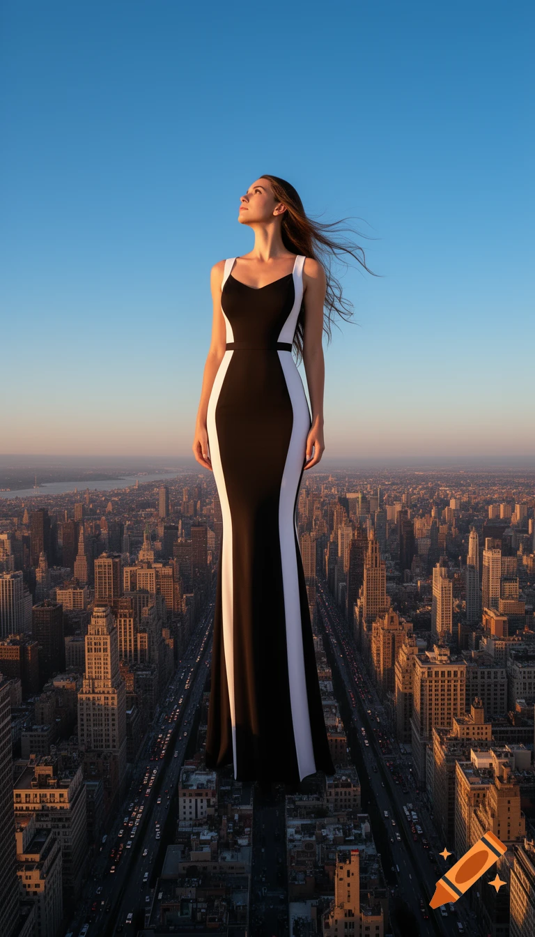 A giant woman in a black and white evening gown stands above a sprawling city at sunset, looking up at the clear sky.