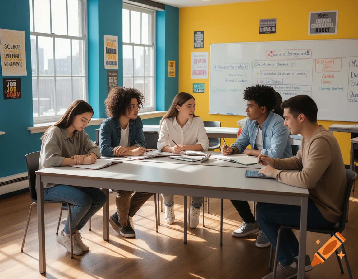 Five young adults sit around a table in a brightly lit classroom, writing and discussing, with posters and a whiteboard in the background.
