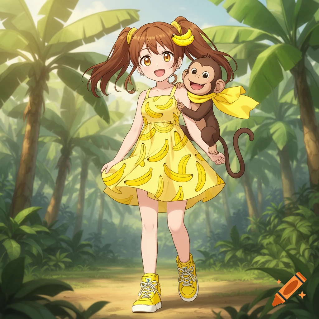 An anime girl with brown pigtails and a yellow banana dress walks on a jungle path, smiling with a monkey on her shoulder.