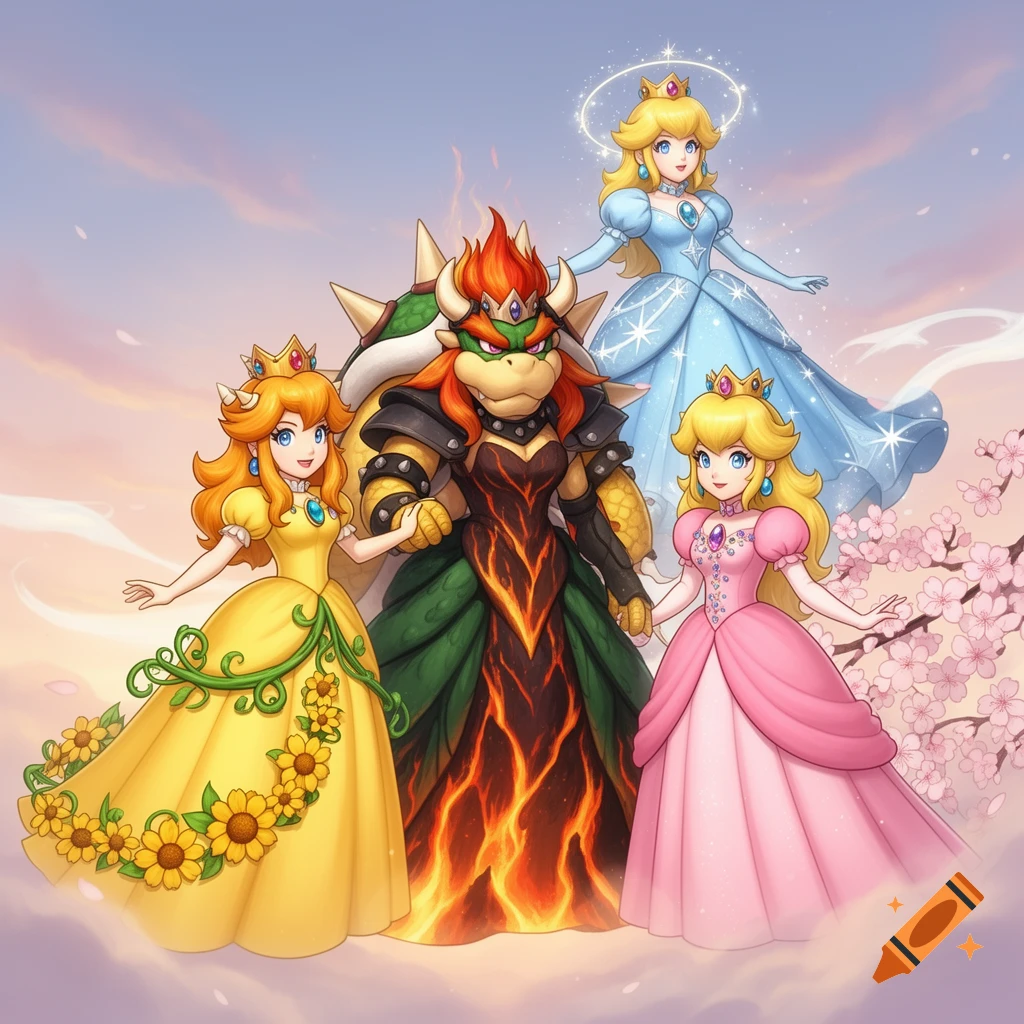 Princess Bowser, Peach, Daisy, and Rosalina stand together on clouds at sunset in a vibrant anime style.