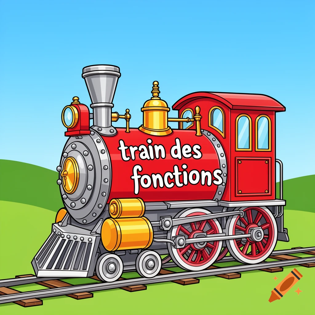 Cartoon red locomotive with "train des fonctions" on its side, on tracks in a green field under a blue sky.