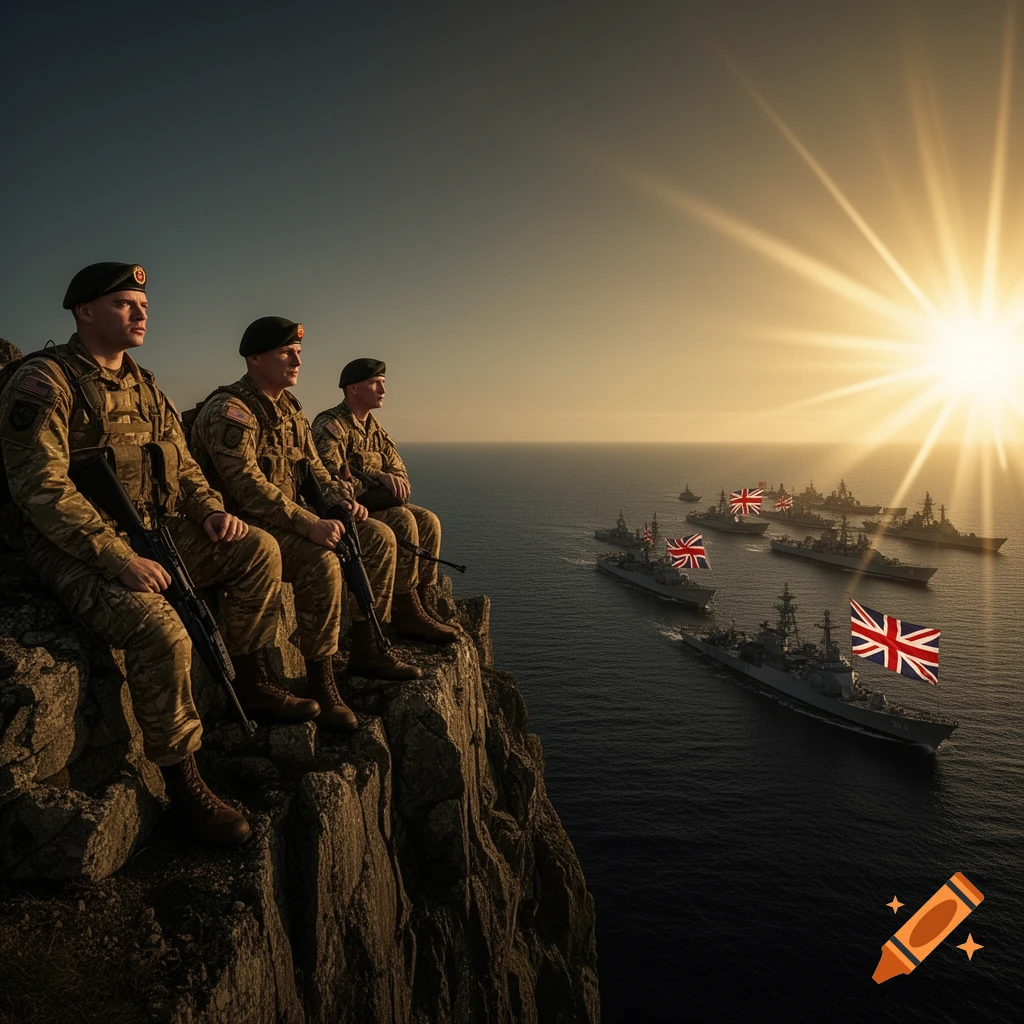 Three British soldiers in uniform sit on a cliff, observing a fleet of British warships flying Union Jack flags at dramatic sunset.