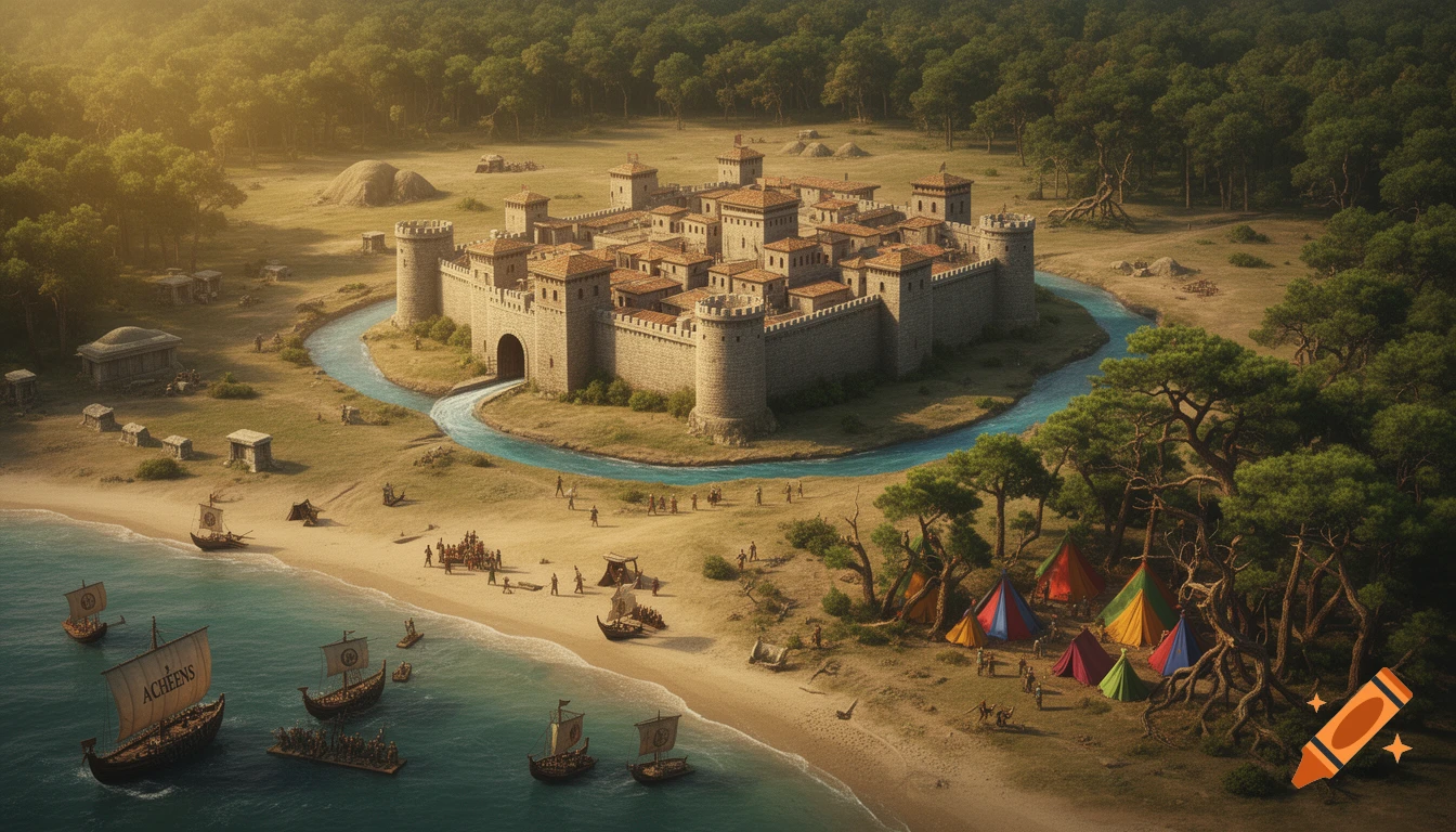 An aerial view of an ancient walled city next to a river, leading to a beach with ships and camps, surrounded by forests.