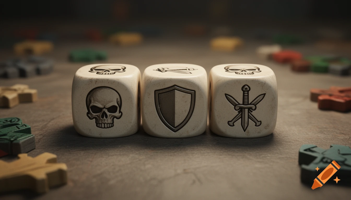 Three white game dice displaying a skull, shield, and crossed swords, surrounded by blurry colorful game pieces.