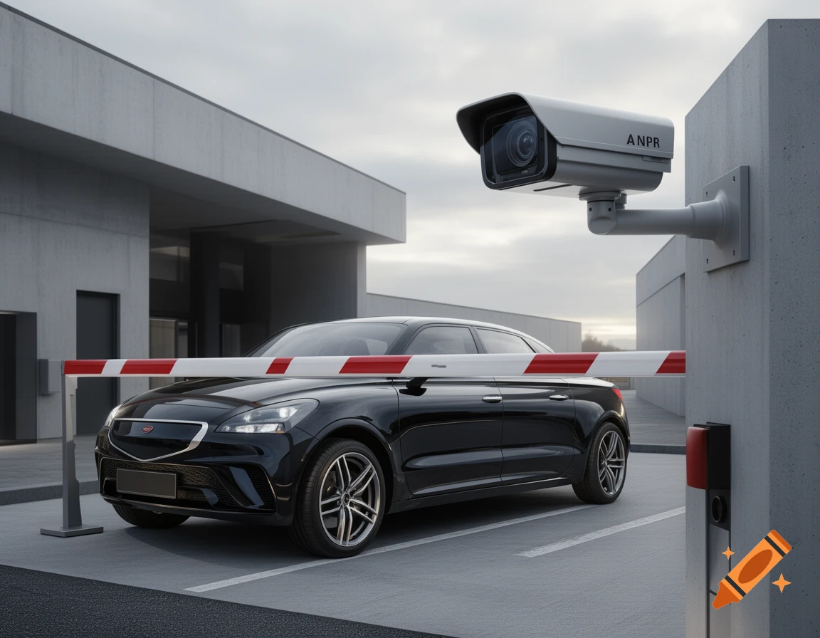 A black car stopped in front of a white and red barrier, overlooked by an ANPR security camera at an entrance to a modern building.