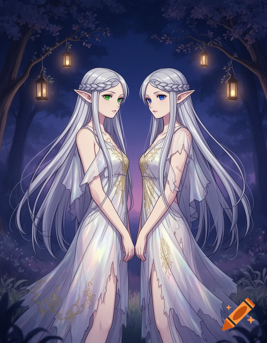 Two anime elf women with long silver hair and white dresses stand in a magical forest with glowing lanterns at night.