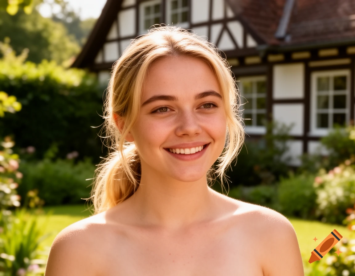 Photorealistic portrait of a smiling young blonde woman with bare shoulders in a sunny garden with a half-timbered house.