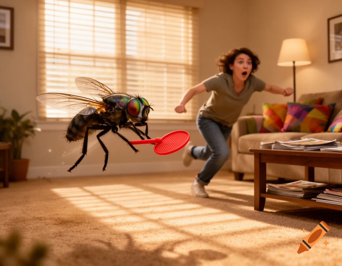A giant fly holding a red fly swatter chases a screaming woman through a sunlit living room.