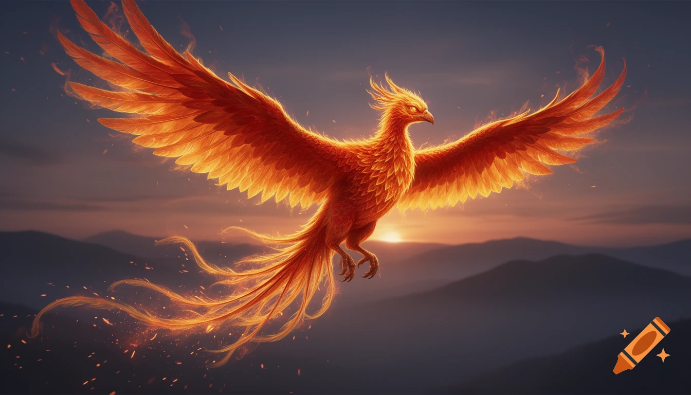 A vibrant, fiery phoenix with outstretched wings soars above a range of mountains at sunset.