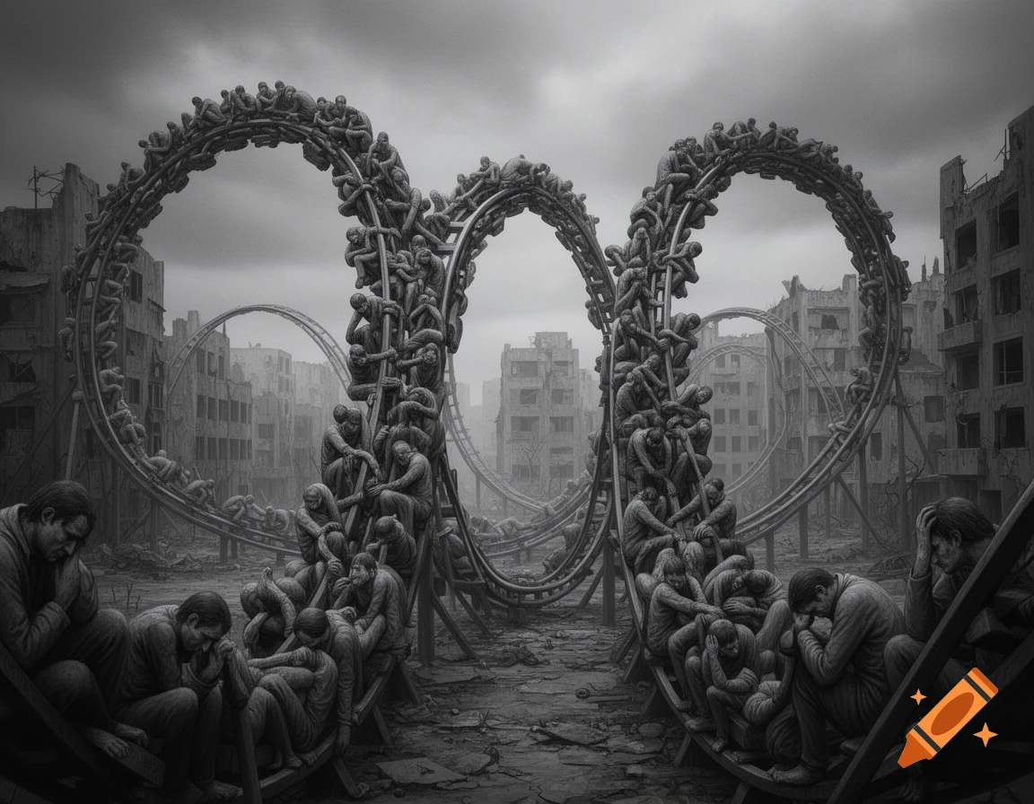 Monochrome image of downtrodden people forming a grotesque roller coaster in a ruined city under a dark, cloudy sky, with others sitting in despair.