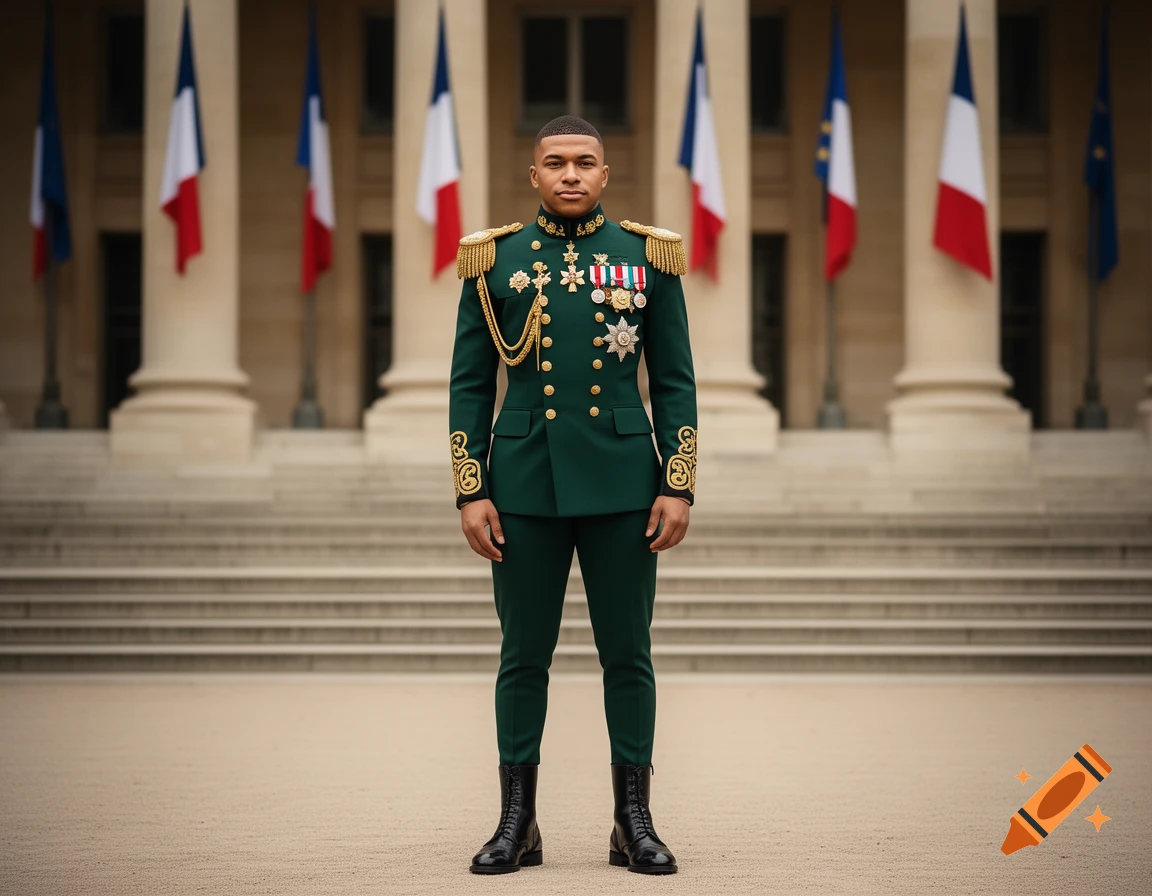 Kylian Mbapp amplification in a dark green military uniform with gold epaulets and medals, standing before a grand building with French flags.