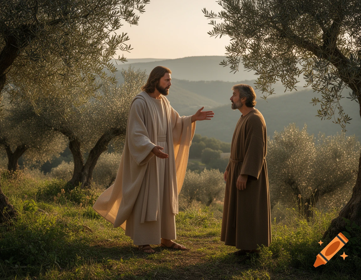 Jesus in a light robe gestures toward another man in a brown robe in a sunlit olive grove, photorealistic.