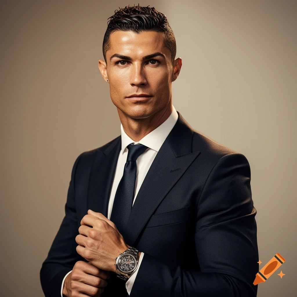 A photorealistic portrait of Cristiano Ronaldo in a dark suit and tie, looking directly at the viewer, adjusting his watch.
