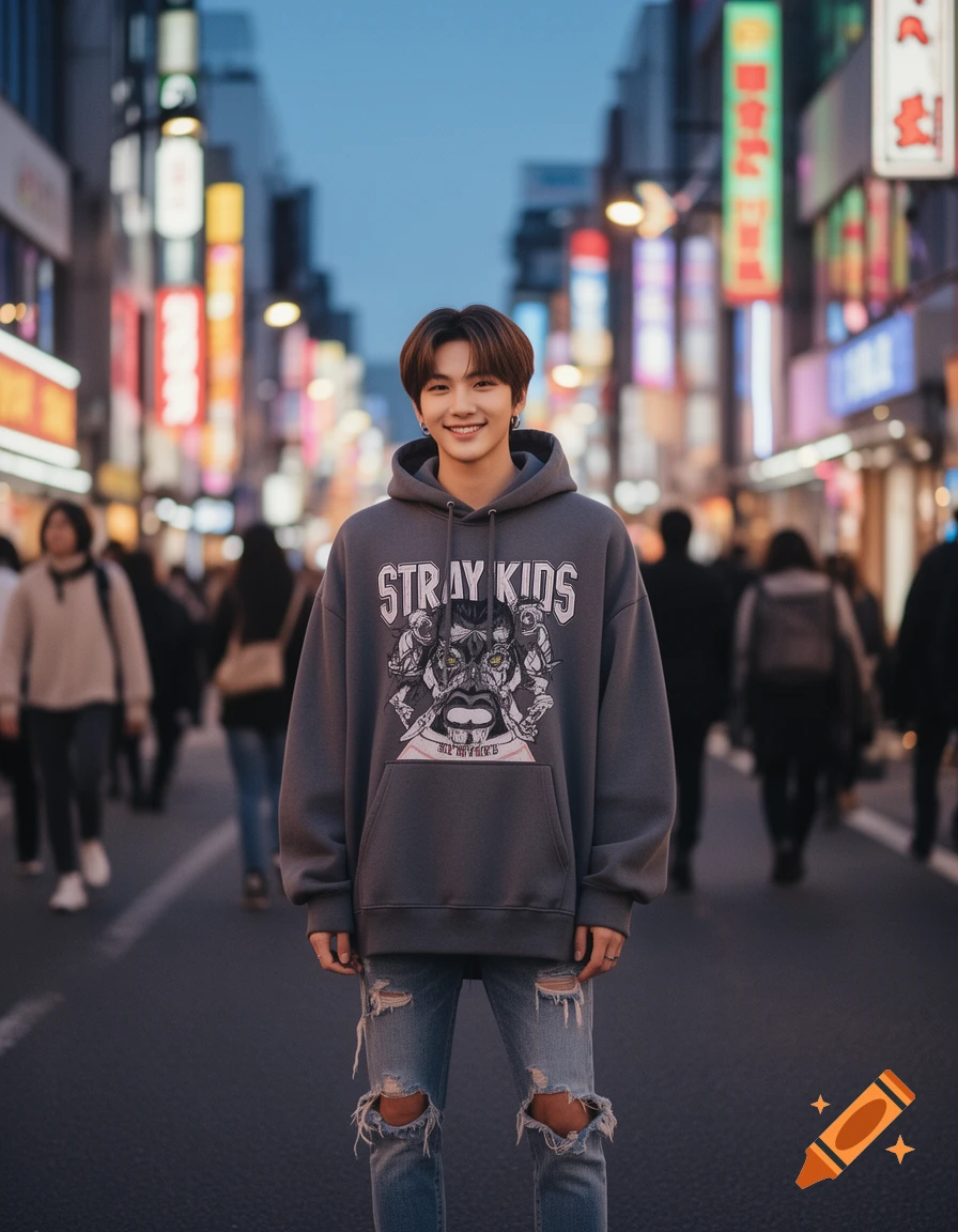 A young man wearing a grey Stray Kids hoodie and ripped jeans smiles at the camera on a neon-lit city street at dusk.