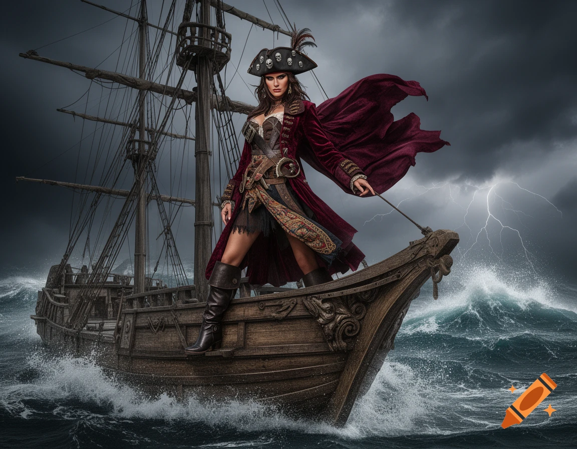 A fierce pirate woman in a red coat and tricorn hat stands on the bow of a ship amidst a stormy sea with lightning.