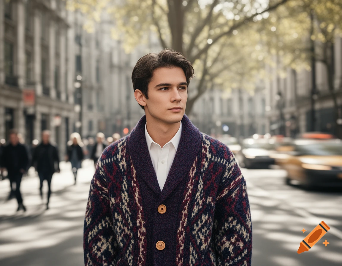A young man with dark hair in a patterned purple, red, and white cardigan stands on a bustling city street.