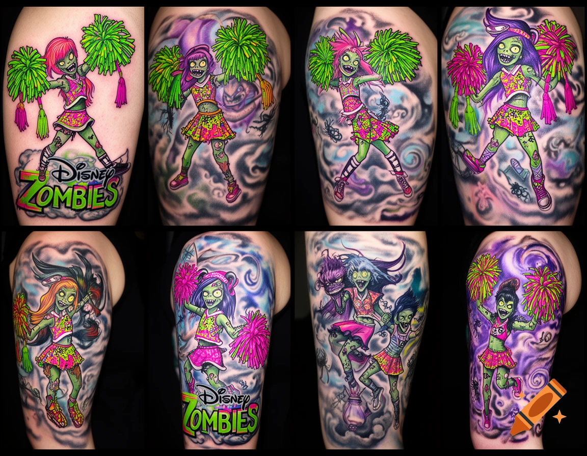 Multiple colorful tattoos on arms, featuring cartoon zombie cheerleaders with pom-poms, some with 'Disney ZOMBIES' logo.