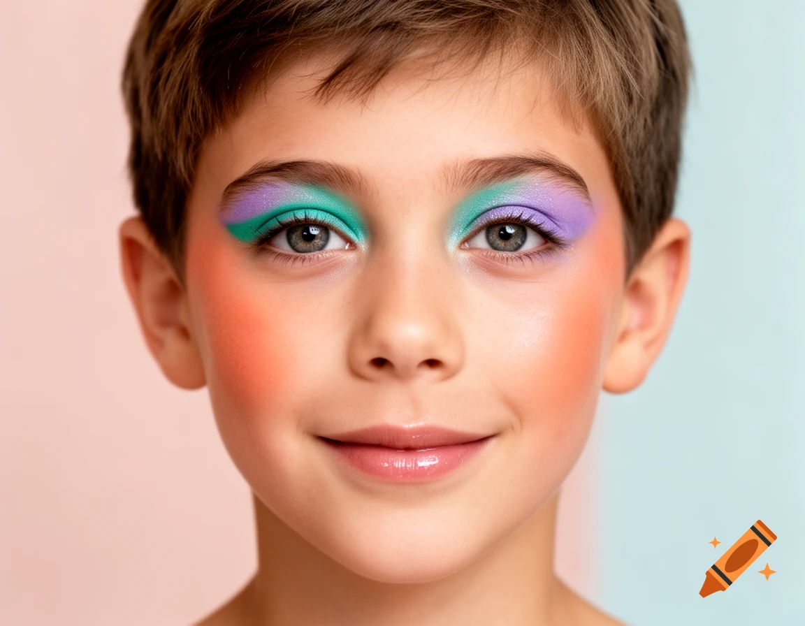 Close-up portrait of a young boy with vibrant teal, purple, and orange makeup on his eyes and cheeks, smiling slightly.