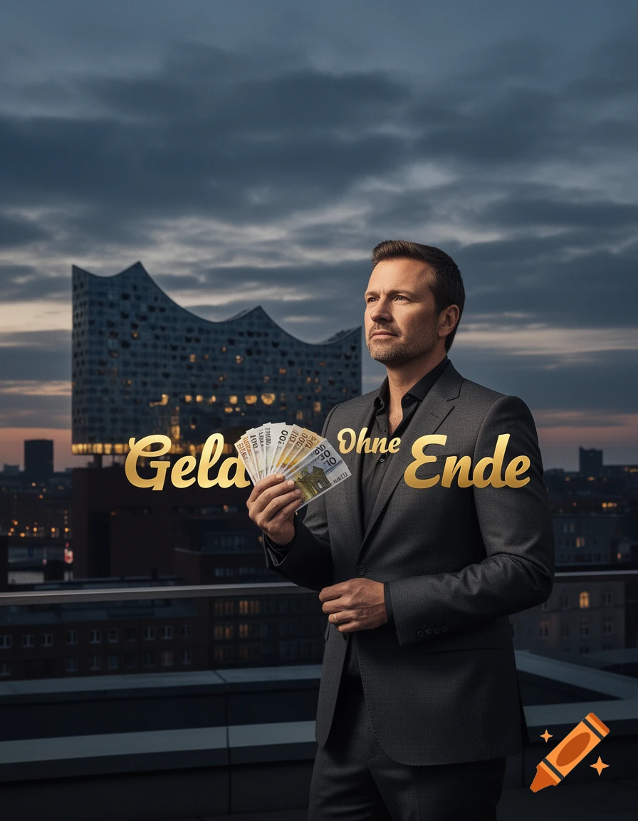 A man in a suit holds euro bills on a city rooftop with the Elbphilharmonie behind him. Golden text reads "Geld Ohne Ende".