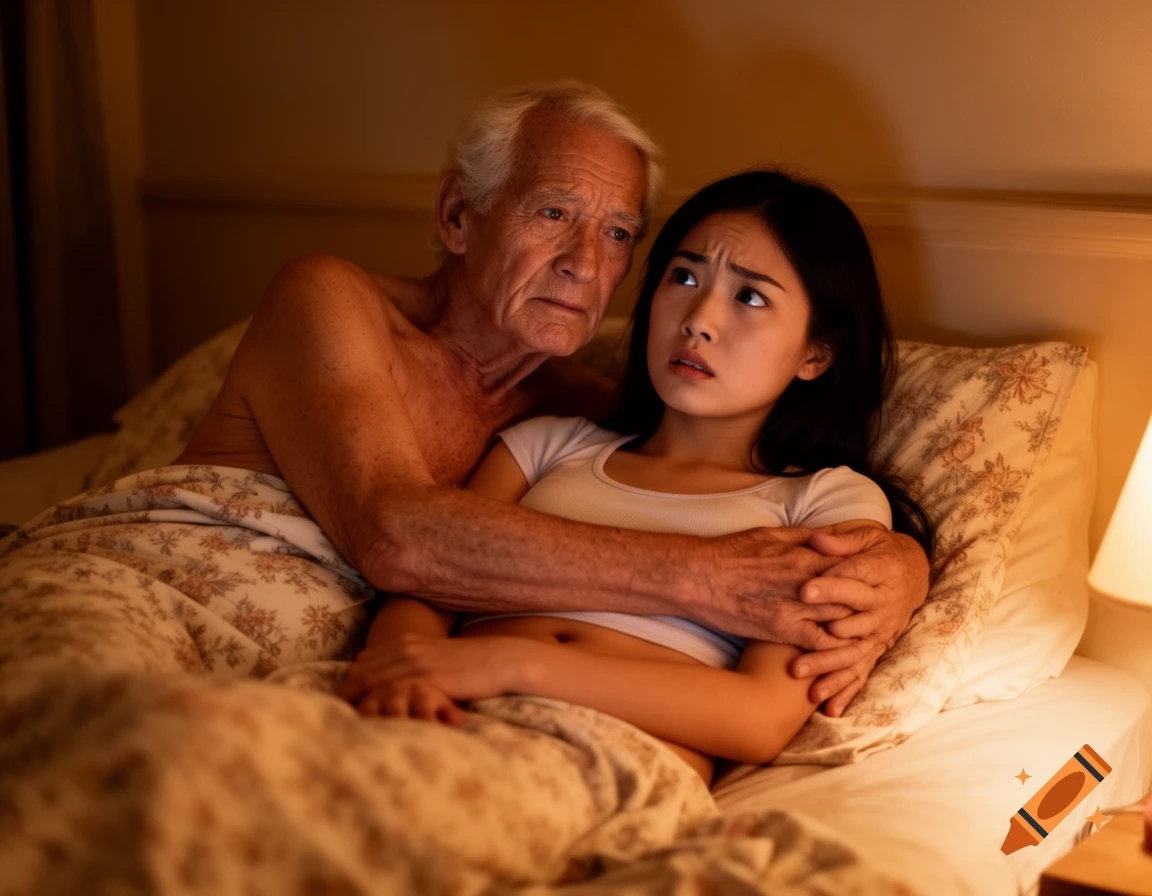 An elderly man comforts a young Asian woman in bed, his arm around her. Both look worried. Photorealistic.