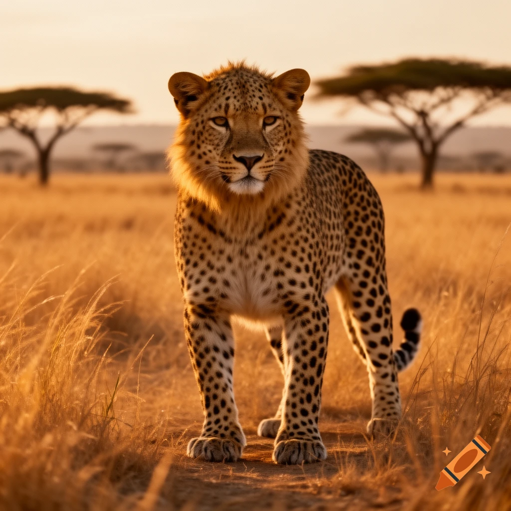 A majestic lion-leopard hybrid stands on a dirt path in a sunlit golden savanna with acacia trees in the background.