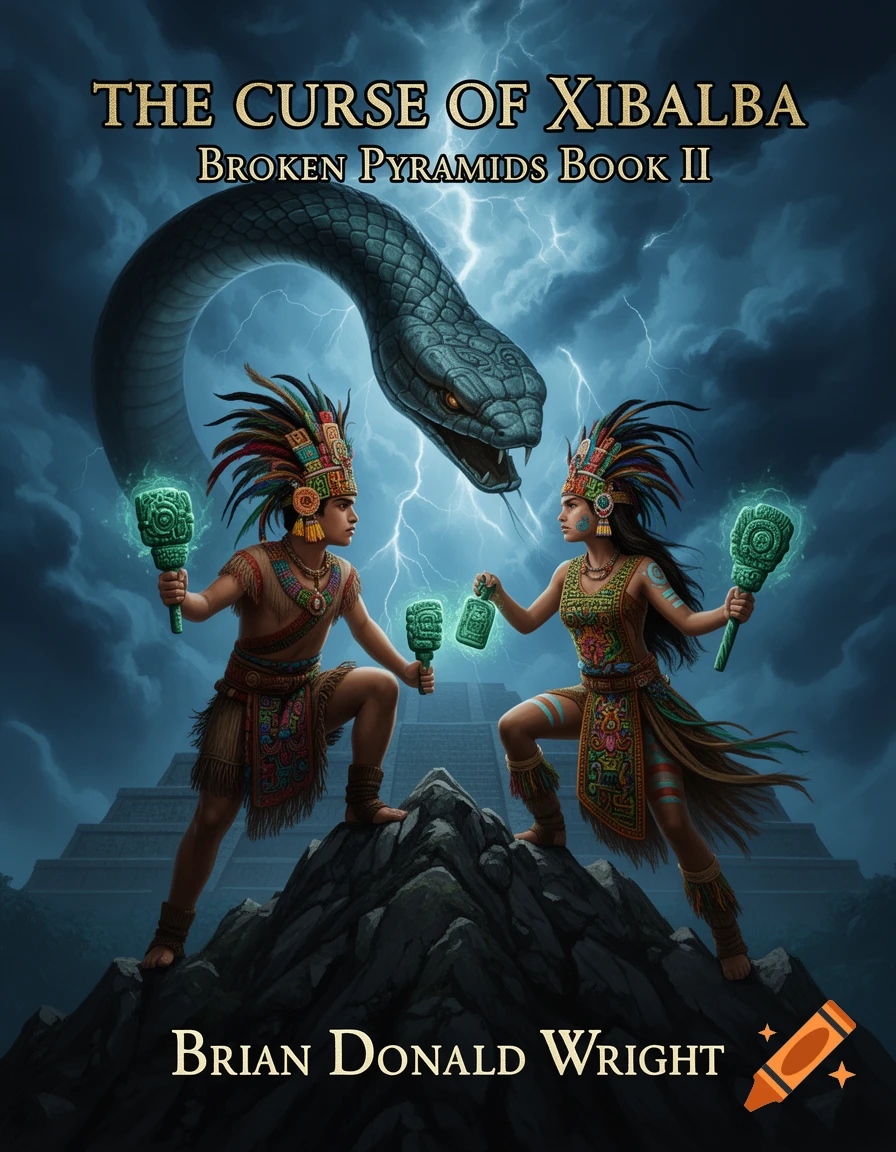 A fantasy book cover depicting a male and female Mayan sorcerer with glowing artifacts, confronting a giant snake, Kukulkan, atop a mountain under a lightning-filled sky. Text reads "The Curse of Xibalba, Broken Pyramids Book II" by "Brian Donald Wright".