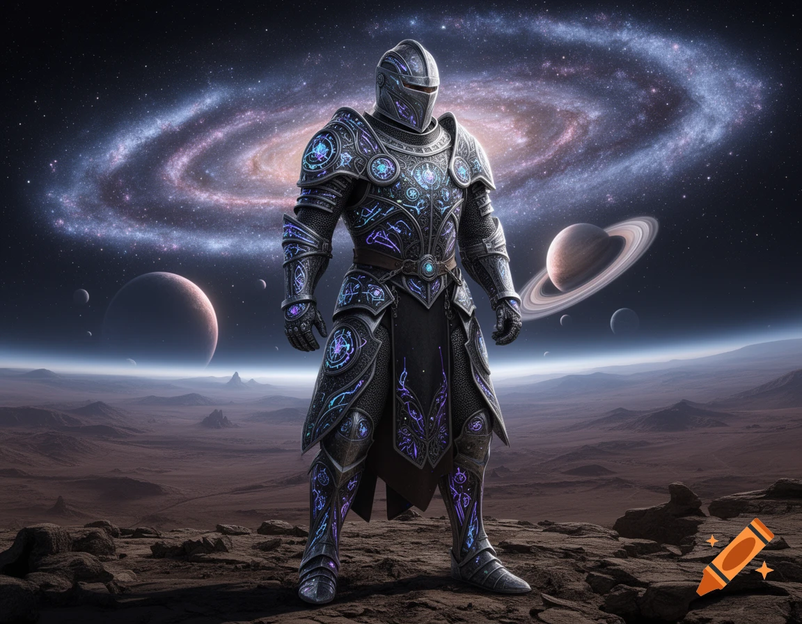 A knight in ornate, glowing cosmic armor stands on a rocky alien planet with a spiral galaxy and planets in the background.