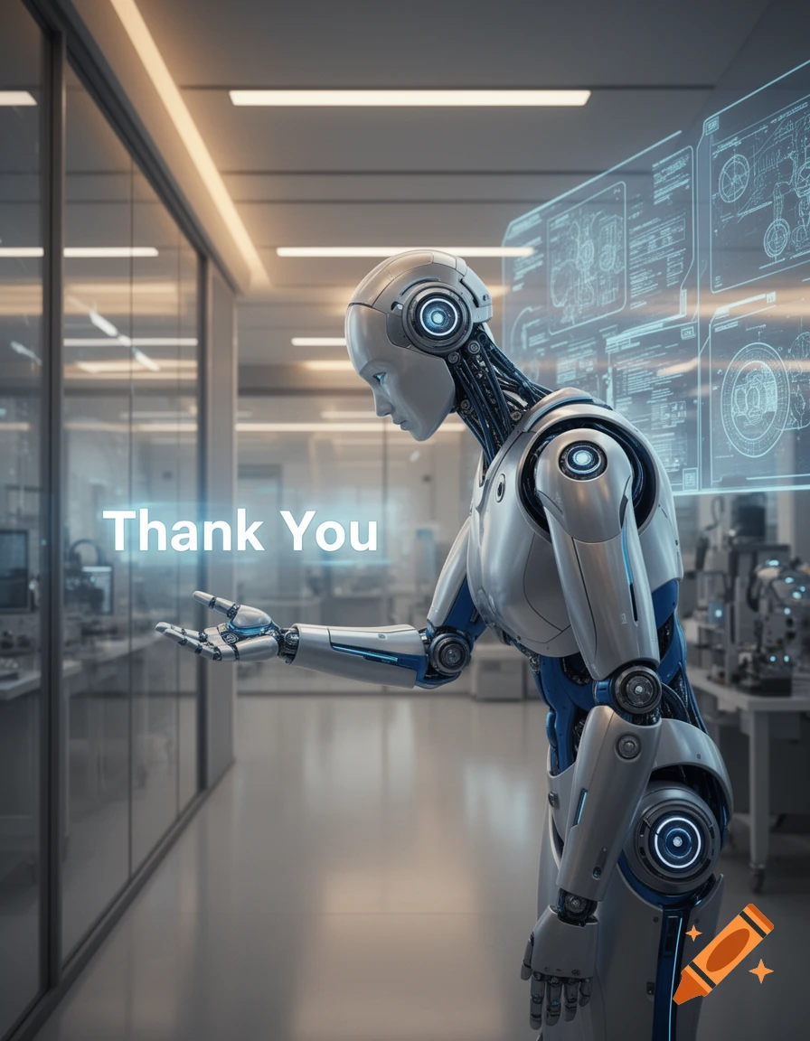 A photorealistic robot in a modern lab extends its hand, with 'Thank You' text and holographic schematics.
