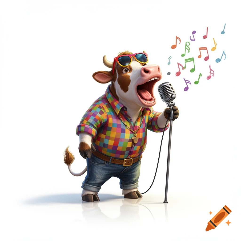 A cartoon cow wearing sunglasses, a colorful plaid shirt, and jeans sings loudly into a microphone, with musical notes around it.