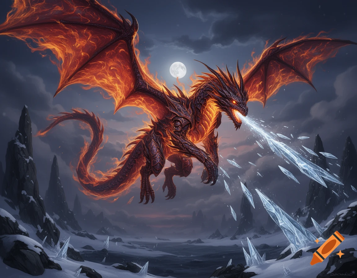 A fiery dragon with glowing eyes flies through a snowy landscape under a full moon, breathing a powerful beam of ice.