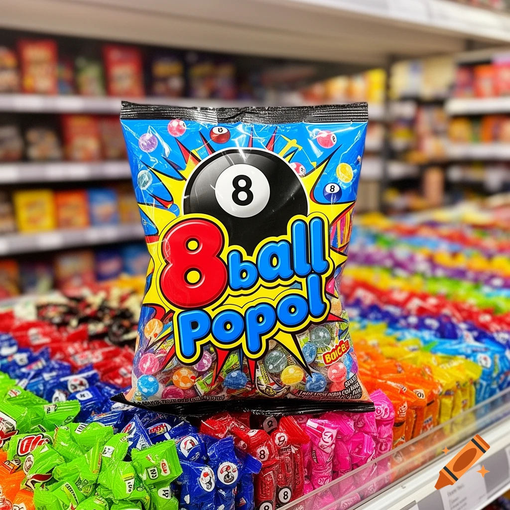 A close-up of a bag of "8 ball Popol" candy with an 8-ball logo, displayed in a colorful supermarket aisle among other sweets.