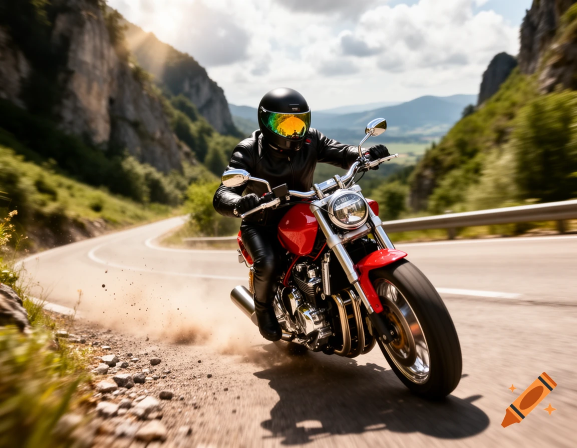 A motorcyclist in black gear and a helmet rides a red motorcycle on a winding mountain road, kicking up dust, under a sunny sky.