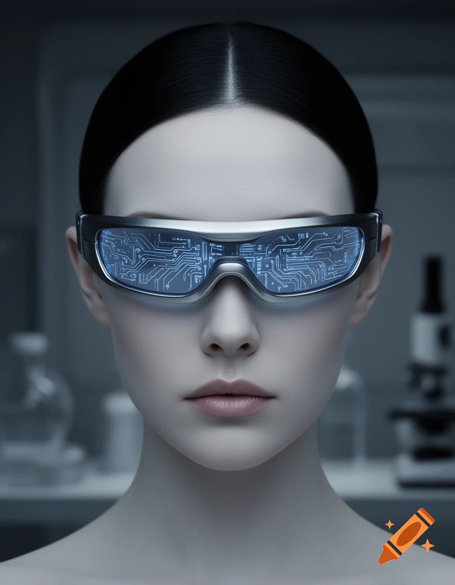 Close-up of an emotionless woman with slicked-back dark hair, wearing futuristic glasses displaying blue circuit board patterns.