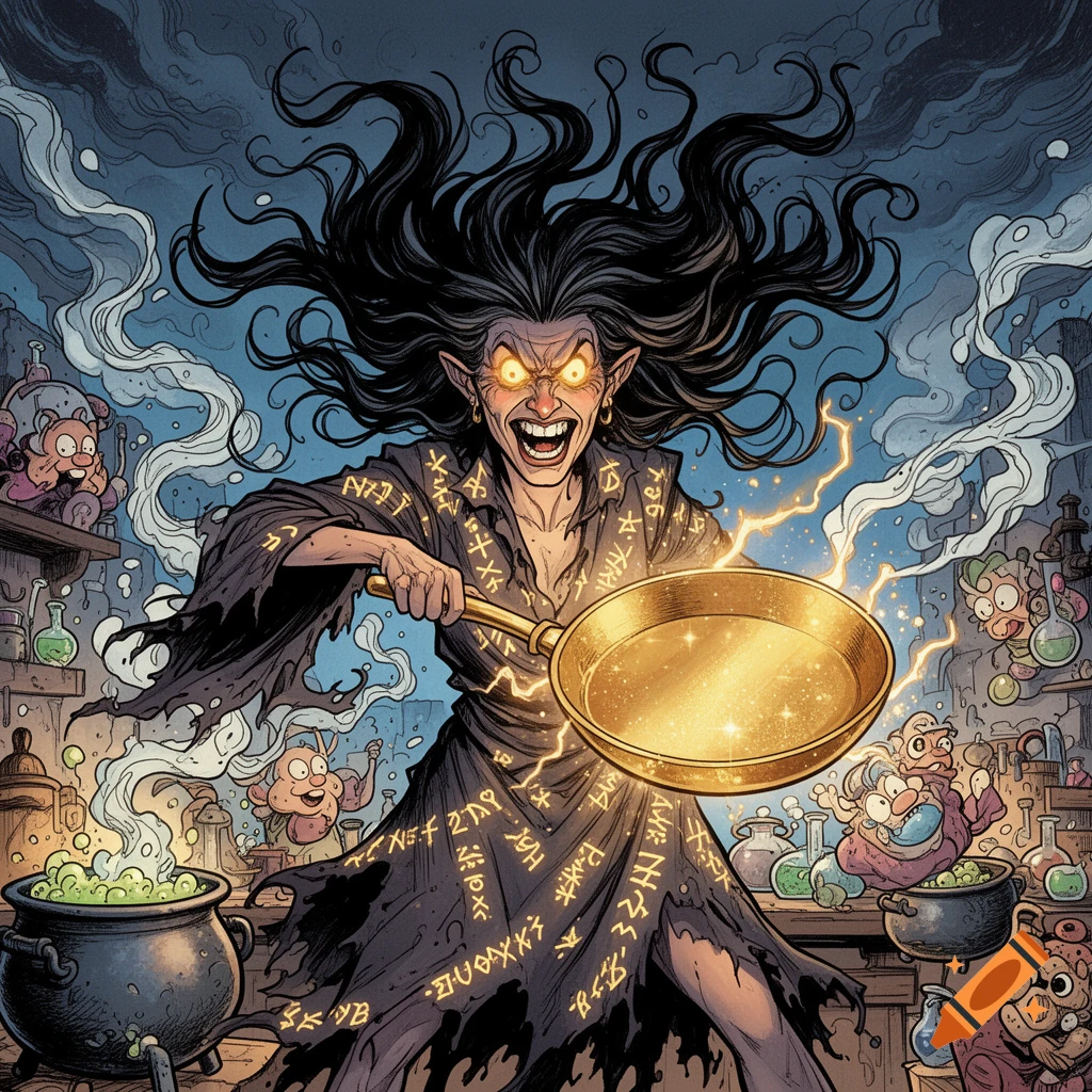 A mad witch with glowing eyes and wild black hair cackles while holding a shimmering golden frying pan in a magic lab, comic art style.