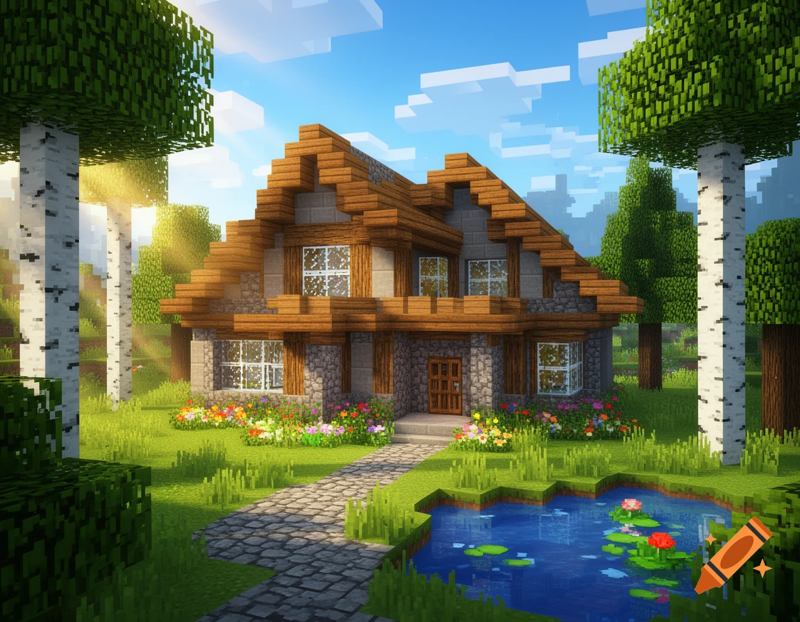 A vibrant Minecraft-style villa with a stone path, colorful flowers, tall birch trees, and a pond with lily pads.