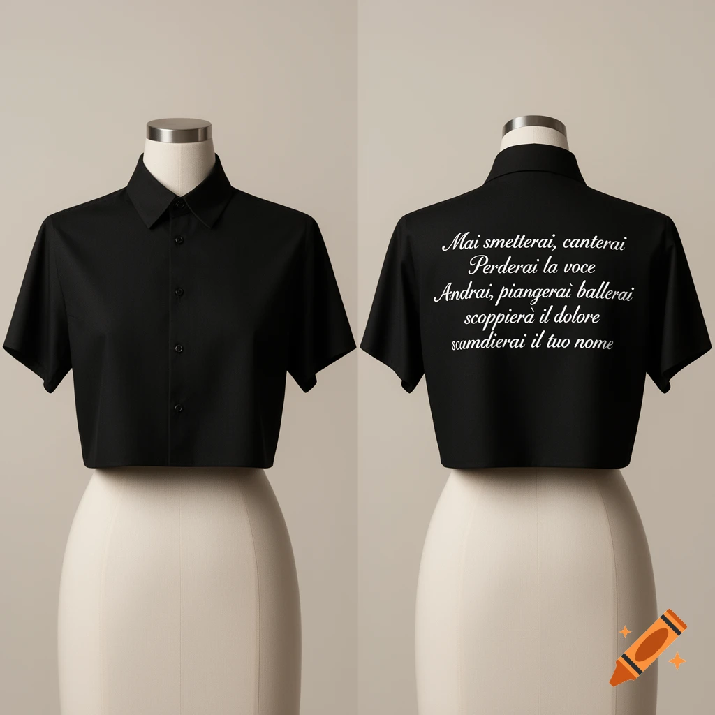 Front and back view of a black cropped short-sleeved shirt on a mannequin, with white Italian text on the back.
