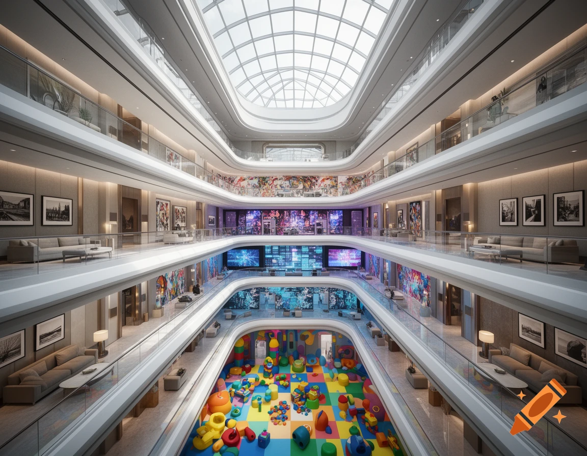 A grand, multi-story building interior with an atrium and skylight, featuring diverse themed levels and a colorful children's play area.