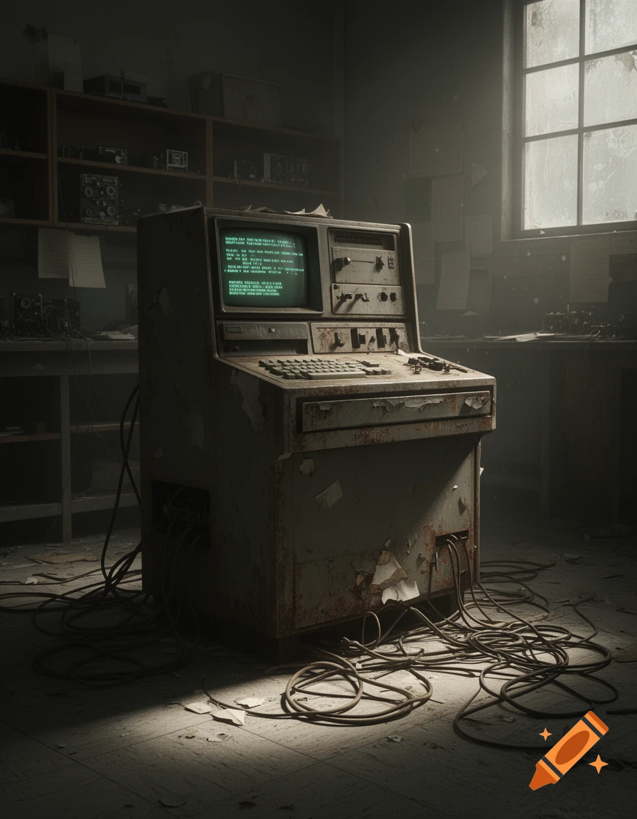 A rusty, retro computer with a green screen and tangled wires sits in a dusty, abandoned room with a grimy window, photorealistic.