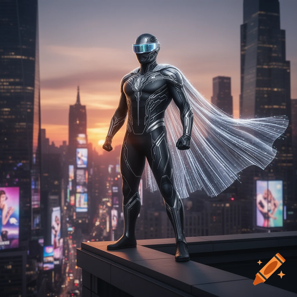 A sleek black and silver superhero with a glowing fiber-optic cape stands on a city rooftop at sunset, overlooking a futuristic urban landscape.