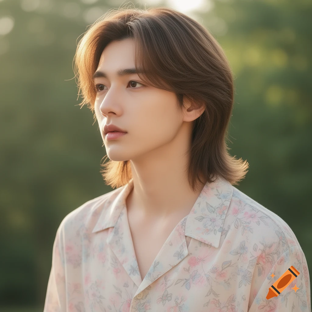 A fair-skinned person with shoulder-length brown hair, wearing a floral shirt, looking left with soft light on their face, against a blurry green background.