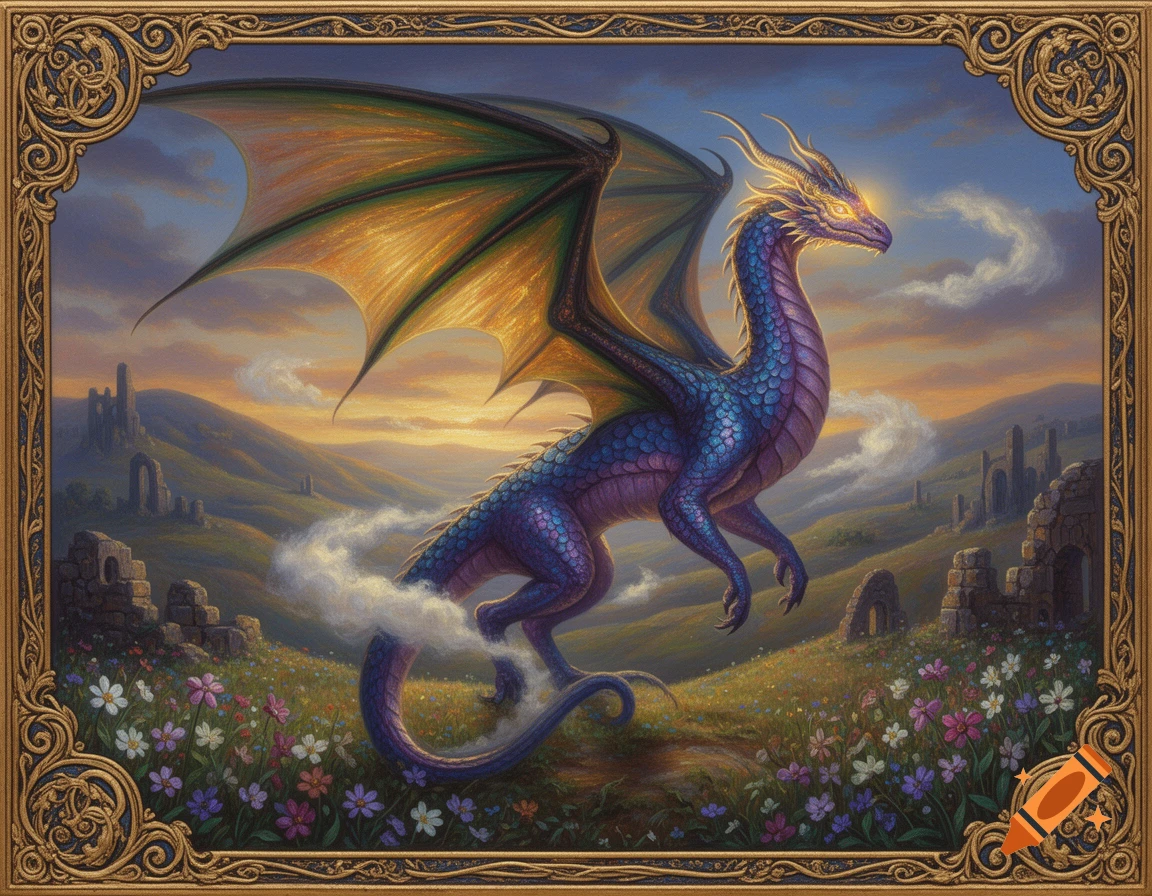 A vibrant painting of a blue and gold dragon with outstretched wings soaring over a flowery field with ancient ruins, set within an ornate frame.