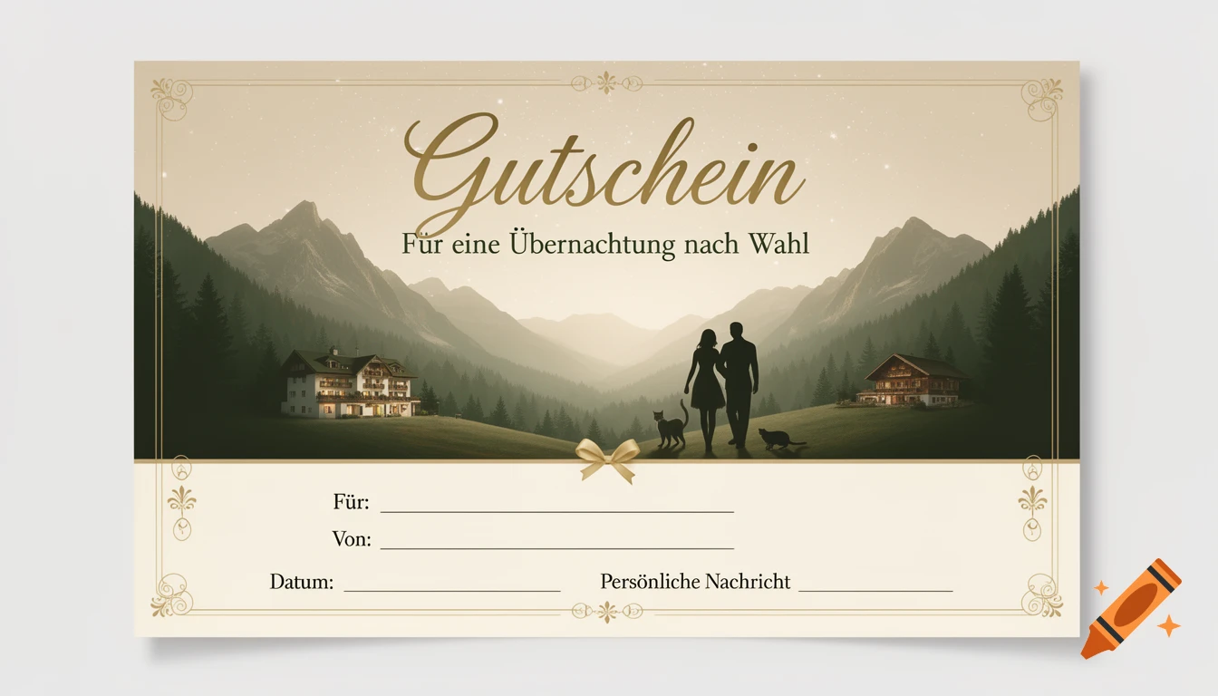 Elegant German voucher with mountains, hotels, a couple, and cats, featuring 'Gutschein Für eine Übernachtung nach Wahl' text.