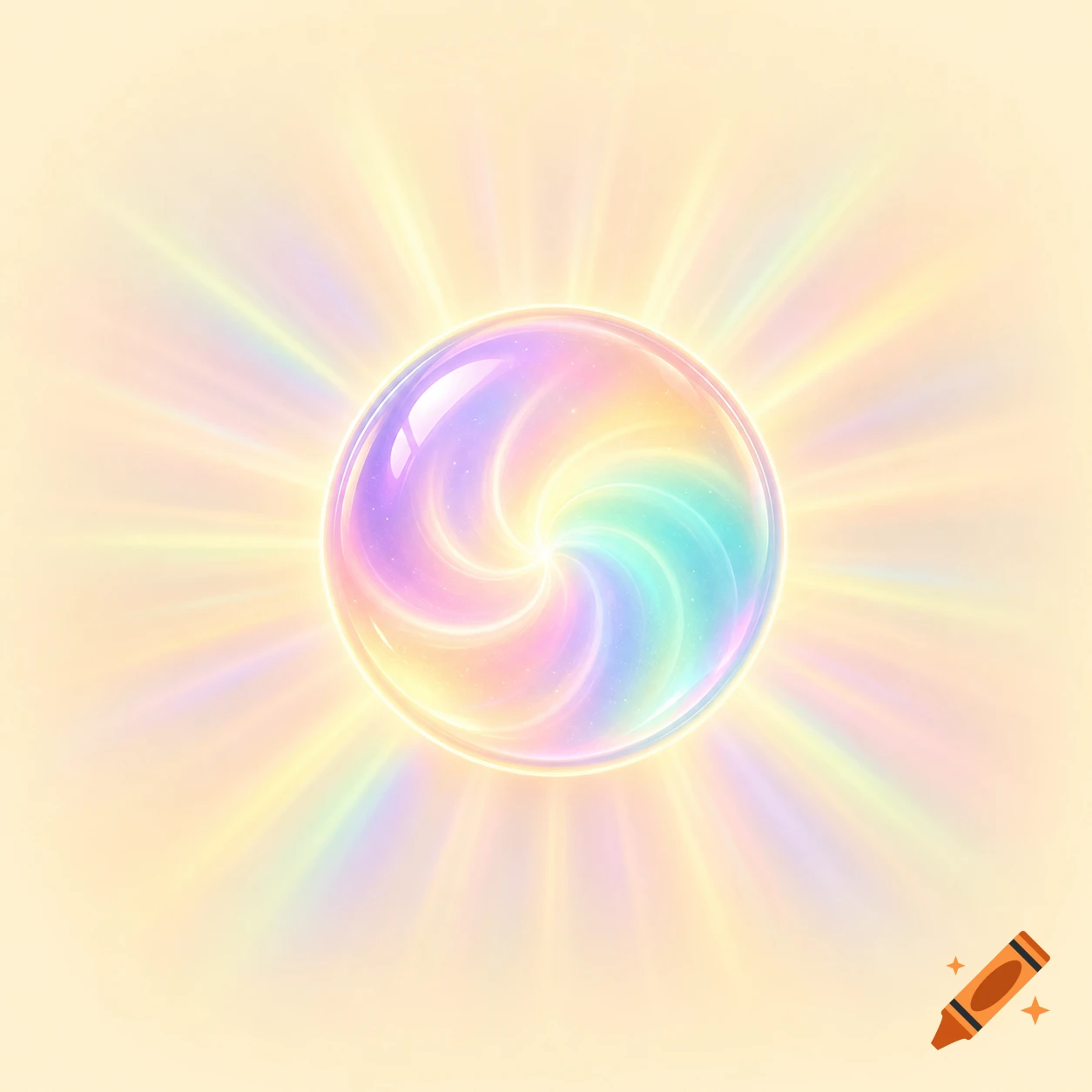 An iridescent, swirling, glowing orb emits colorful light rays on a warm cream background, stylized as an app logo.