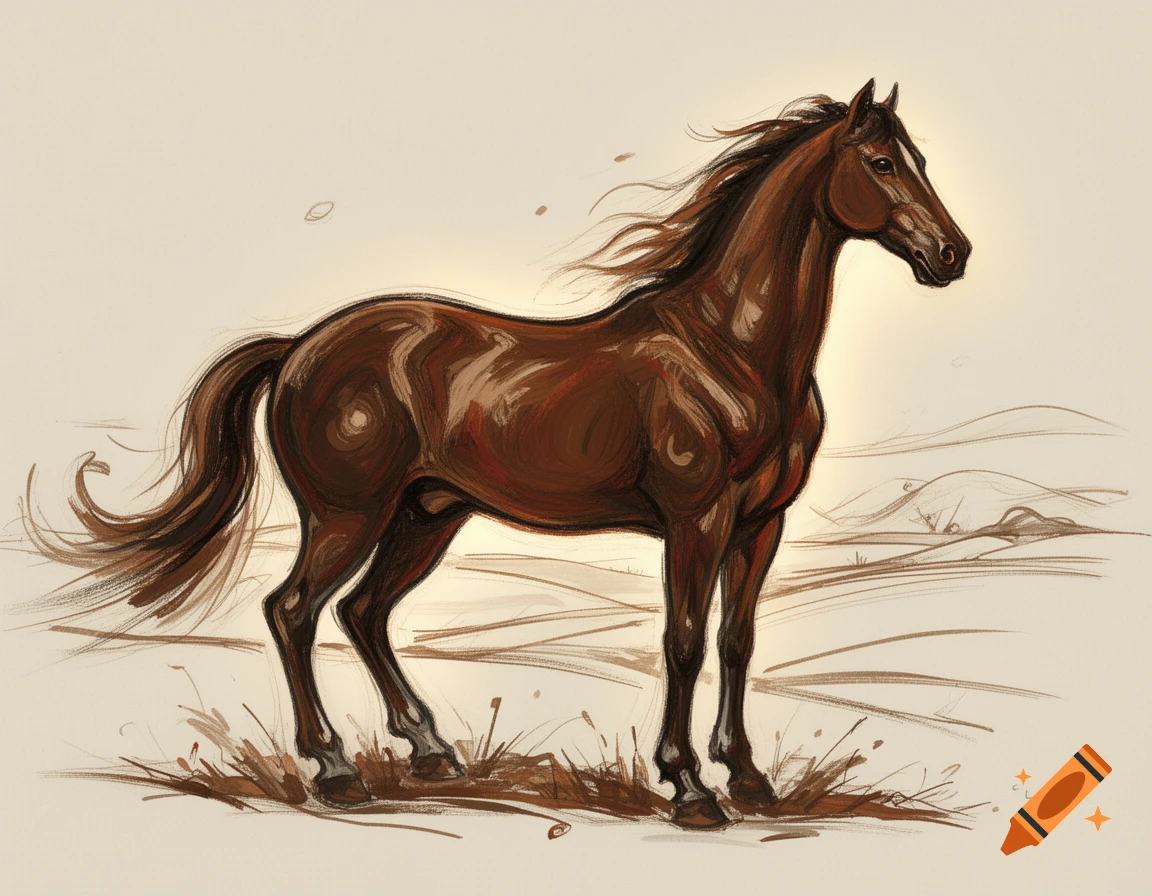 An expressionistic painting depicts a brown horse with a flowing mane and tail, standing in a field with sparse brushstrokes of grass.