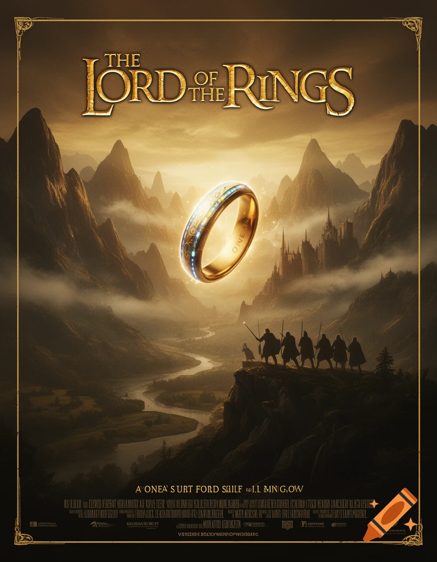 A movie poster for "The Lord of the Rings" featuring a golden ring glowing over a misty mountain landscape with a winding river and a distant castle. Silhouetted figures stand on a cliff in the foreground.