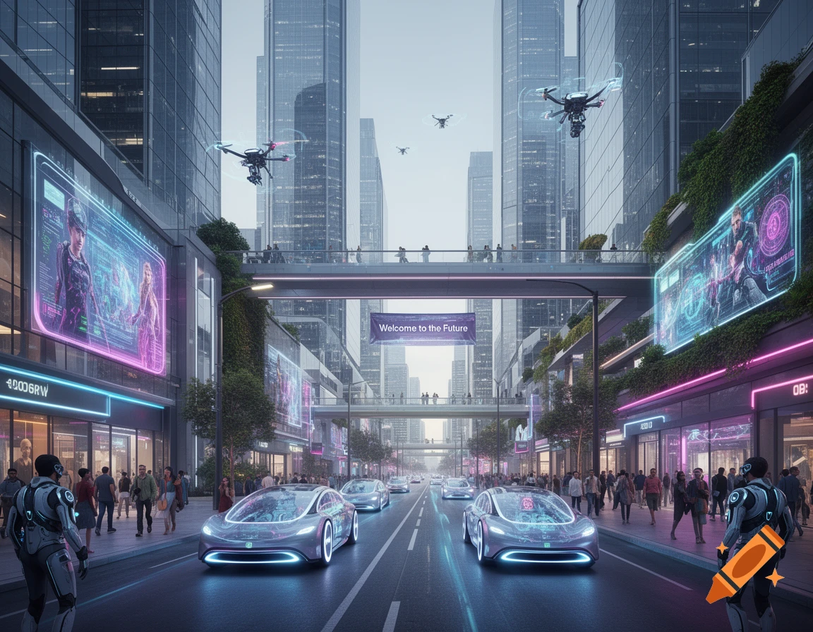 A futuristic city street with tall skyscrapers, flying drones, glowing self-driving cars, and people, including robots, on sidewalks. A banner reads 'Welcome to the Future'.