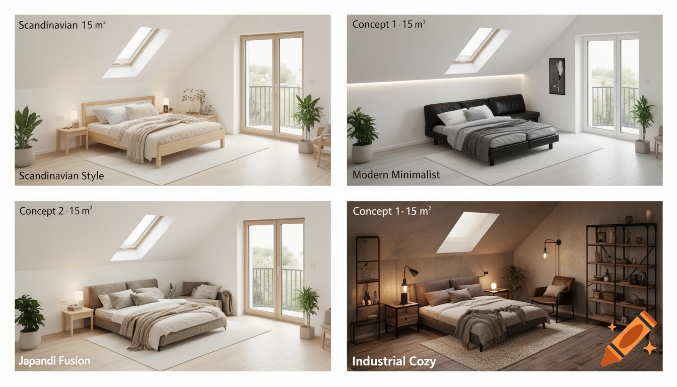 Four interior design concepts for a bedroom in a collage, showcasing Scandinavian, Modern Minimalist, Japandi Fusion, and Industrial Cozy styles.