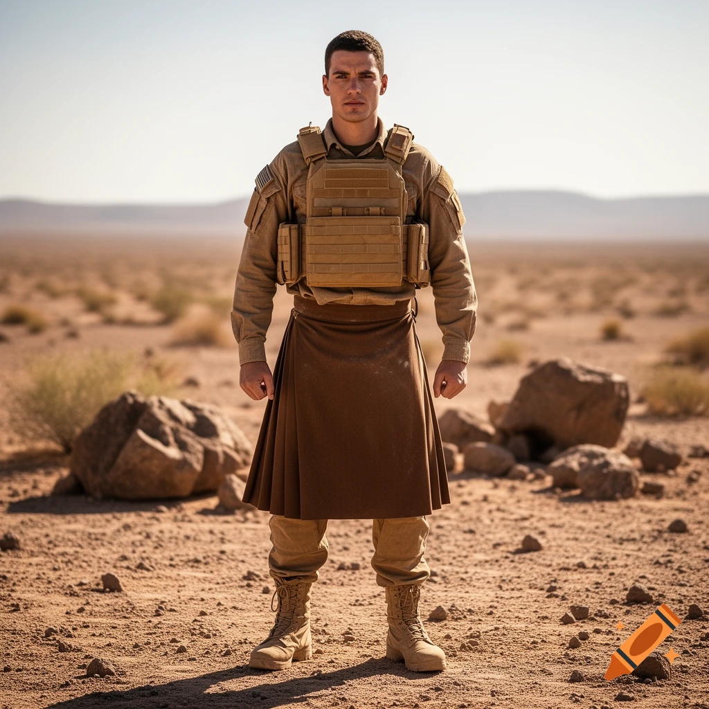 A photorealistic image of a soldier wearing a tan plate carrier and a brown kilt, standing in a barren desert landscape.