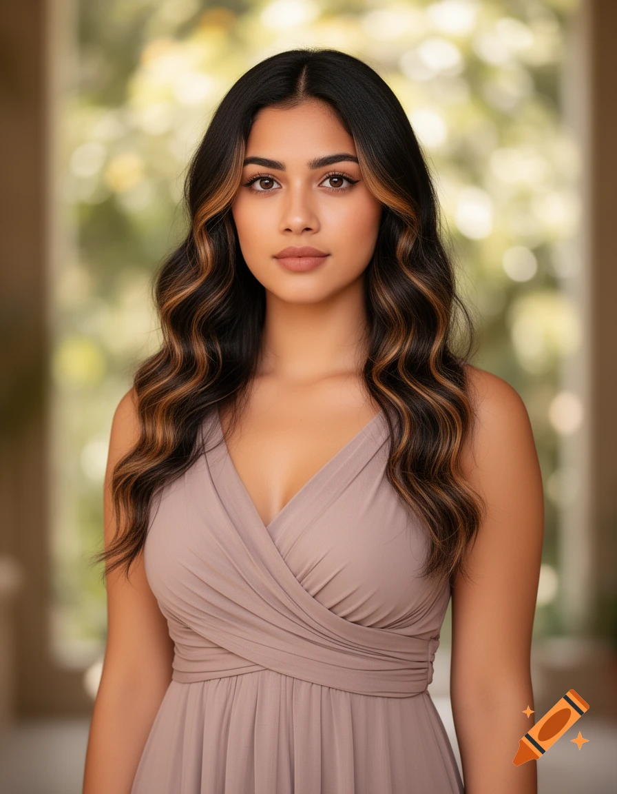 Photorealistic portrait of a young woman with long dark wavy hair and highlights, wearing a light brown draped dress, against a blurred green background.